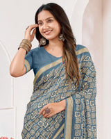 Vishal Prints Bluish Grey Criva Crepe Digital Print Saree With Weaved Viscose Patta