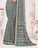 Vishal Prints Bluish Grey Criva Crepe Digital Print Saree With Weaved Viscose Patta
