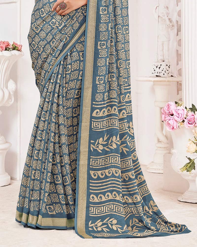Vishal Prints Bluish Grey Criva Crepe Digital Print Saree With Weaved Viscose Patta