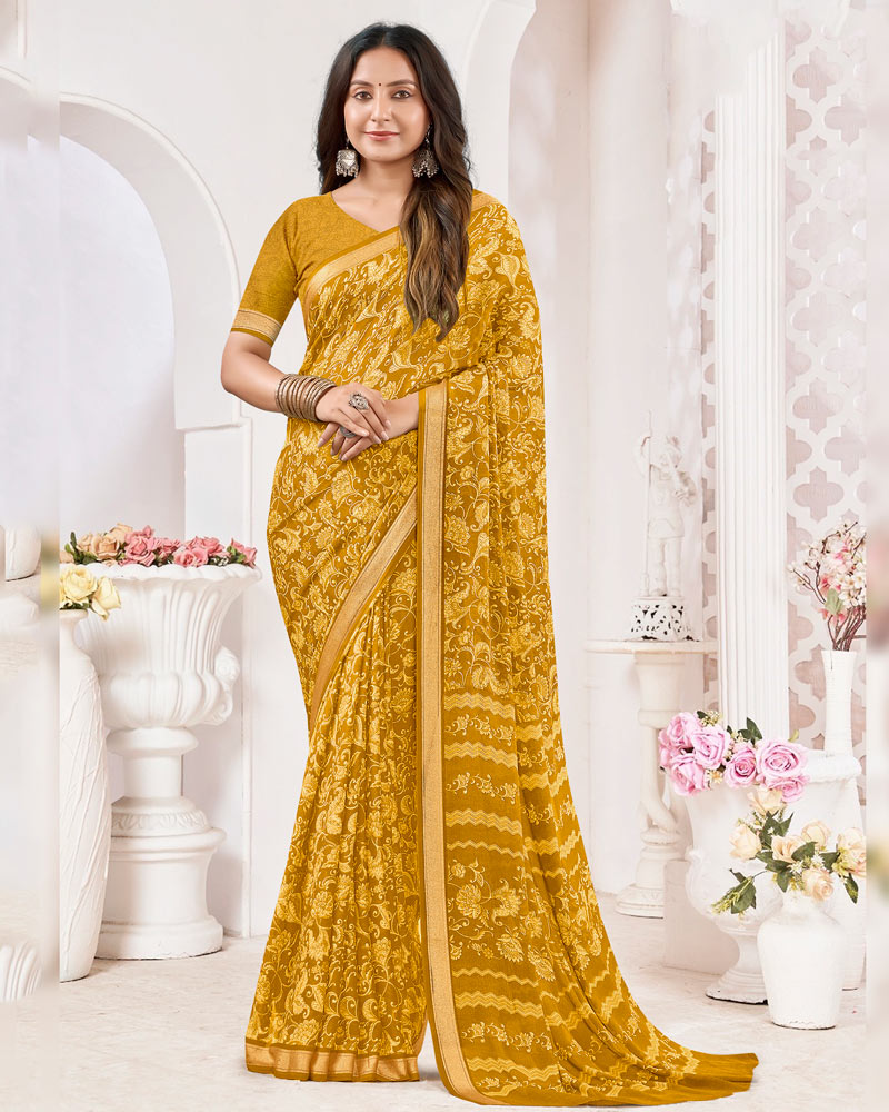 Vishal Prints Yellow Ochre Criva Crepe Digital Print Saree With Weaved Viscose Patta