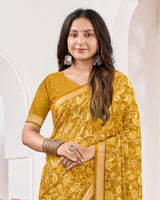 Vishal Prints Yellow Ochre Criva Crepe Digital Print Saree With Weaved Viscose Patta