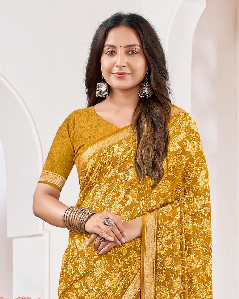 Vishal Prints Yellow Ochre Criva Crepe Digital Print Saree With Weaved Viscose Patta