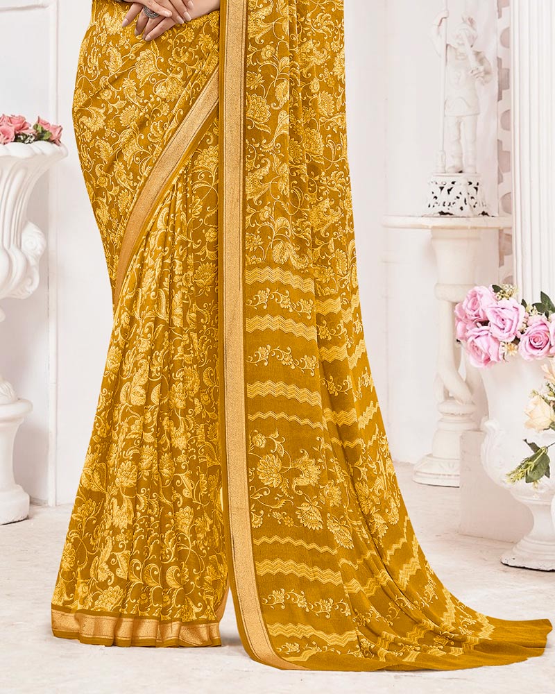 Vishal Prints Yellow Ochre Criva Crepe Digital Print Saree With Weaved Viscose Patta