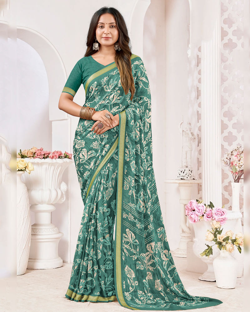 Vishal Prints Greenish Grey Criva Crepe Digital Print Saree With Weaved Viscose Patta