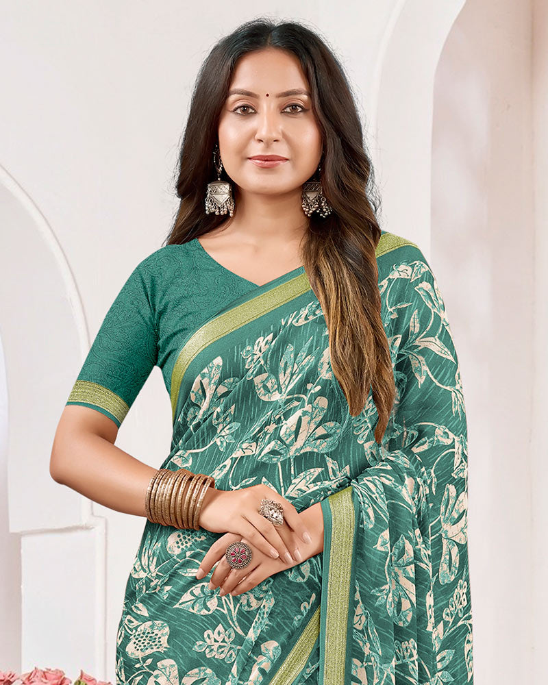 Vishal Prints Greenish Grey Criva Crepe Digital Print Saree With Weaved Viscose Patta