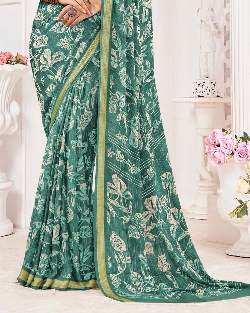 Vishal Prints Greenish Grey Criva Crepe Digital Print Saree With Weaved Viscose Patta