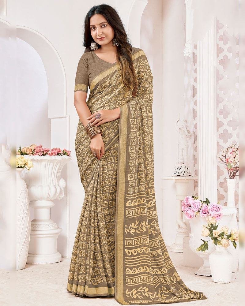 Vishal Prints Sandy Brown Criva Crepe Digital Print Saree With Weaved Viscose Patta