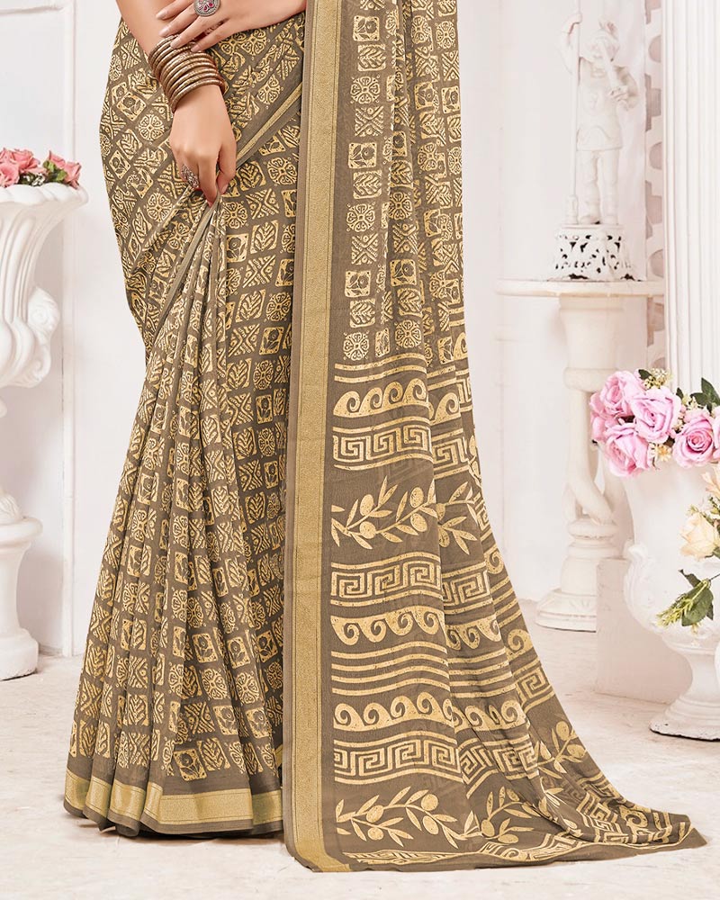 Vishal Prints Sandy Brown Criva Crepe Digital Print Saree With Weaved Viscose Patta
