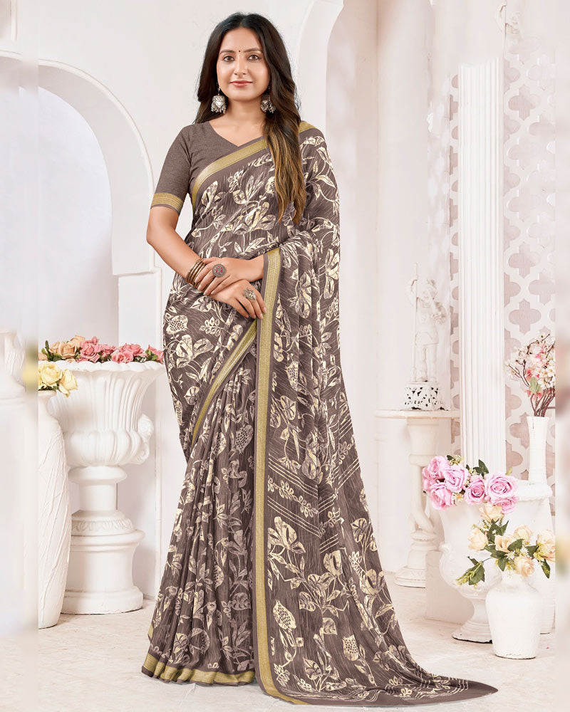 Vishal Prints Brownish Grey Criva Crepe Digital Print Saree With Weaved Viscose Patta