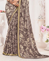 Vishal Prints Brownish Grey Criva Crepe Digital Print Saree With Weaved Viscose Patta