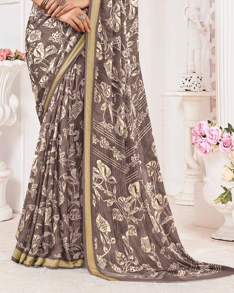 Vishal Prints Brownish Grey Criva Crepe Digital Print Saree With Weaved Viscose Patta