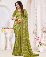 Vishal Prints Mehandi Green Criva Crepe Digital Print Saree With Weaved Viscose Patta