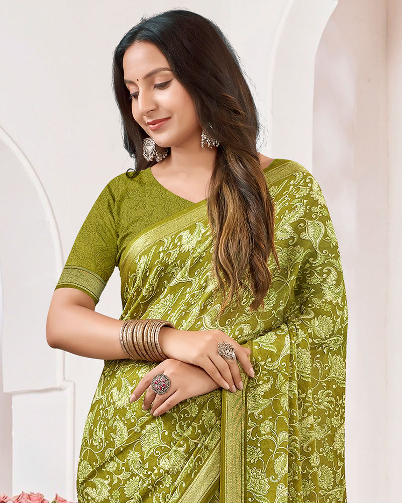 Vishal Prints Mehandi Green Criva Crepe Digital Print Saree With Weaved Viscose Patta