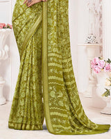 Vishal Prints Mehandi Green Criva Crepe Digital Print Saree With Weaved Viscose Patta