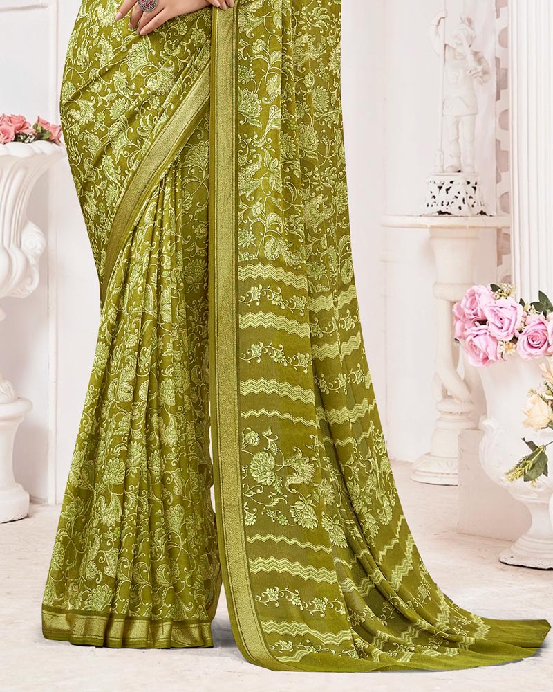 Vishal Prints Mehandi Green Criva Crepe Digital Print Saree With Weaved Viscose Patta