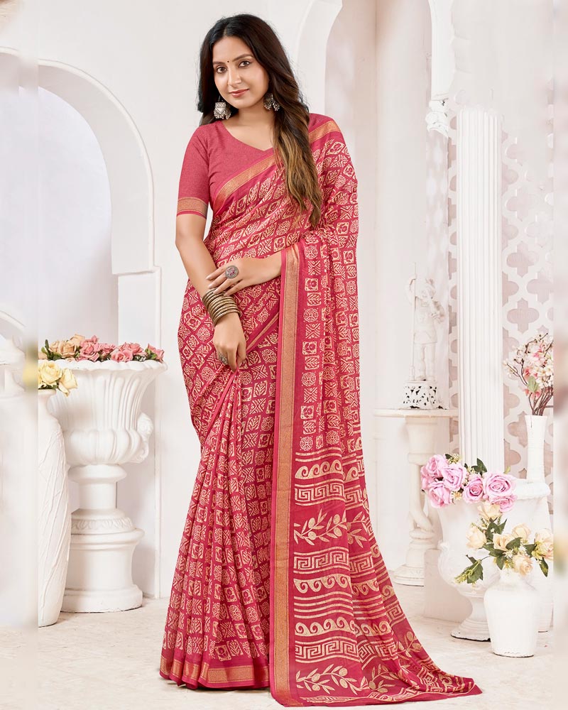 Vishal Prints Dark Dusty Pink Criva Crepe Digital Print Saree With Weaved Viscose Patta