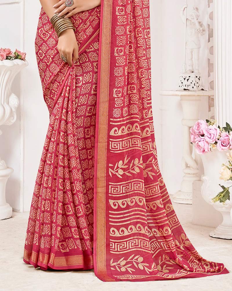 Vishal Prints Dark Dusty Pink Criva Crepe Digital Print Saree With Weaved Viscose Patta