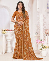 Vishal Prints Mustard Orange Criva Crepe Digital Print Saree With Weaved Viscose Patta