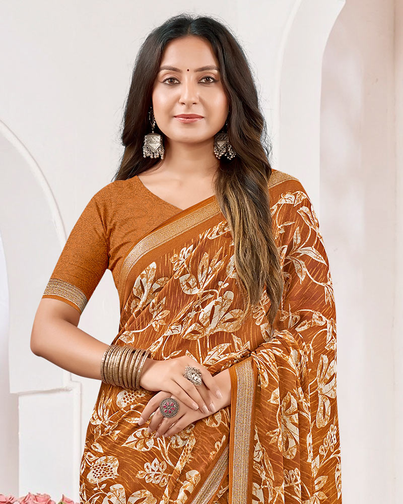 Vishal Prints Mustard Orange Criva Crepe Digital Print Saree With Weaved Viscose Patta