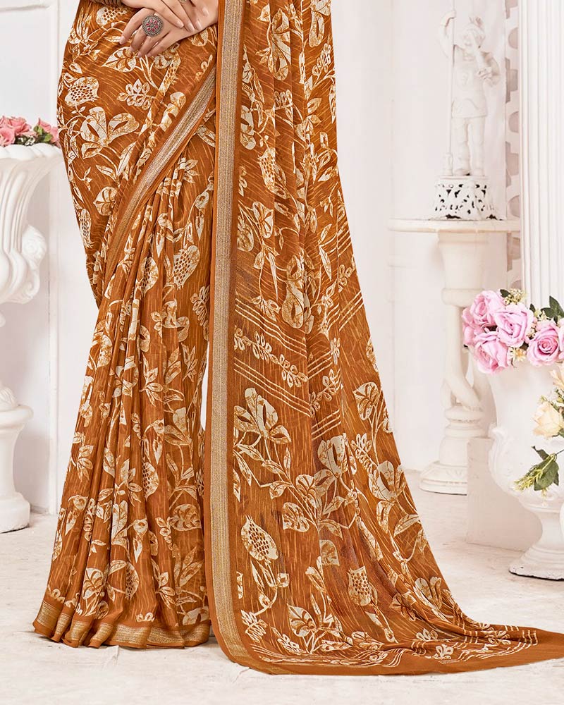 Vishal Prints Mustard Orange Criva Crepe Digital Print Saree With Weaved Viscose Patta