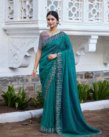 Vishal Prints Dark Aqua Green Designer Soft Silk Saree With Embroidery Diamond Work And Cut Work Border