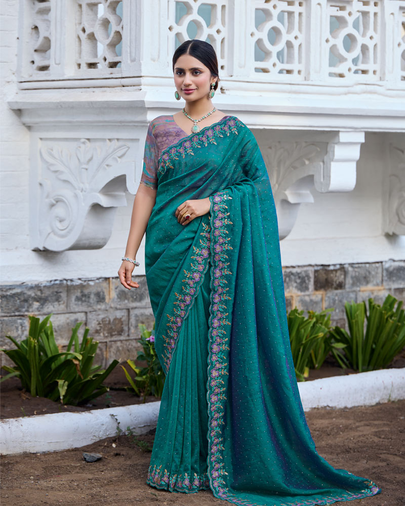 Vishal Prints Dark Aqua Green Designer Soft Silk Saree With Embroidery Diamond Work And Cut Work Border