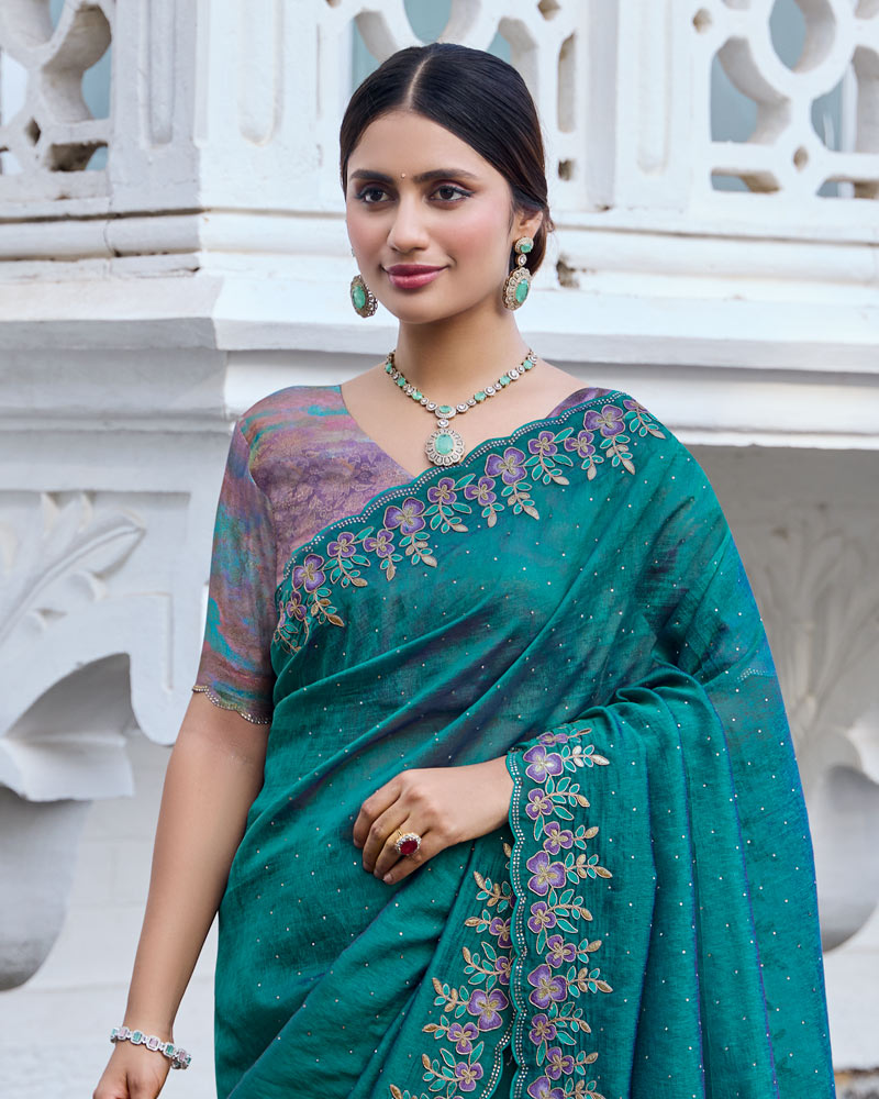 Vishal Prints Dark Aqua Green Designer Soft Silk Saree With Embroidery Diamond Work And Cut Work Border