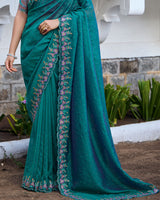 Vishal Prints Dark Aqua Green Designer Soft Silk Saree With Embroidery Diamond Work And Cut Work Border