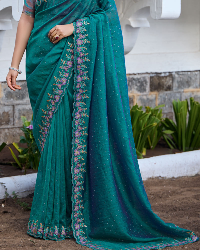 Vishal Prints Dark Aqua Green Designer Soft Silk Saree With Embroidery Diamond Work And Cut Work Border