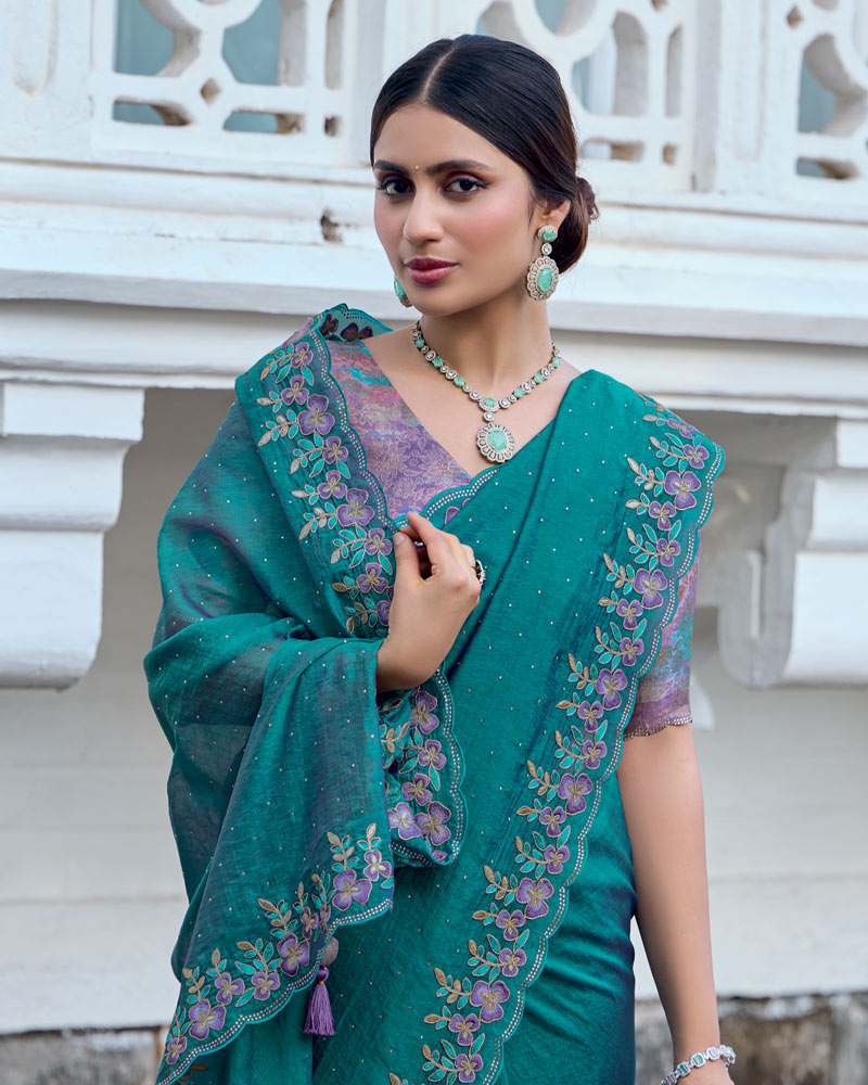 Vishal Prints Dark Aqua Green Designer Soft Silk Saree With Embroidery Diamond Work And Cut Work Border