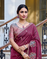 Vishal Prints Light Burgundy Designer Soft Silk Saree With Embroidery Diamond Work And Cut Work Border
