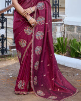 Vishal Prints Light Burgundy Designer Soft Silk Saree With Embroidery Diamond Work And Cut Work Border