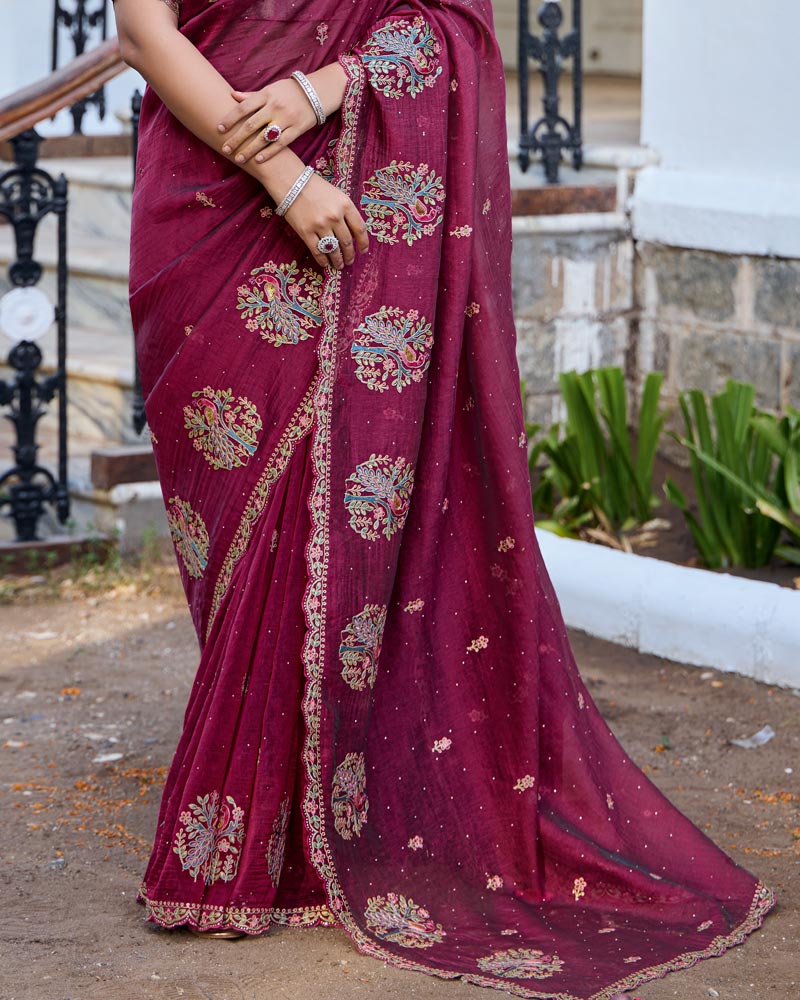 Vishal Prints Light Burgundy Designer Soft Silk Saree With Embroidery Diamond Work And Cut Work Border