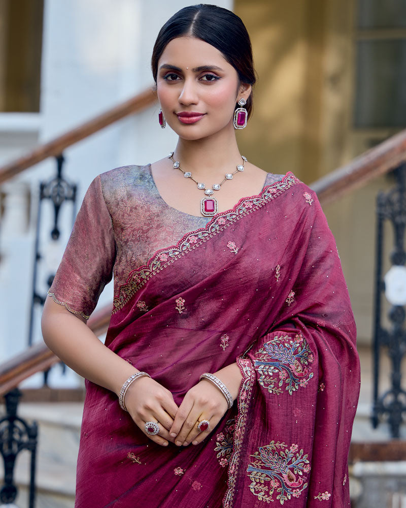 Vishal Prints Light Burgundy Designer Soft Silk Saree With Embroidery Diamond Work And Cut Work Border