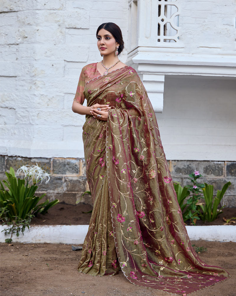 Vishal Prints Greyish Brown And Light Maroon Designer Soft Silk Saree With Embroidery Diamond Work And Cut Work Border