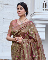 Vishal Prints Greyish Brown And Light Maroon Designer Soft Silk Saree With Embroidery Diamond Work And Cut Work Border