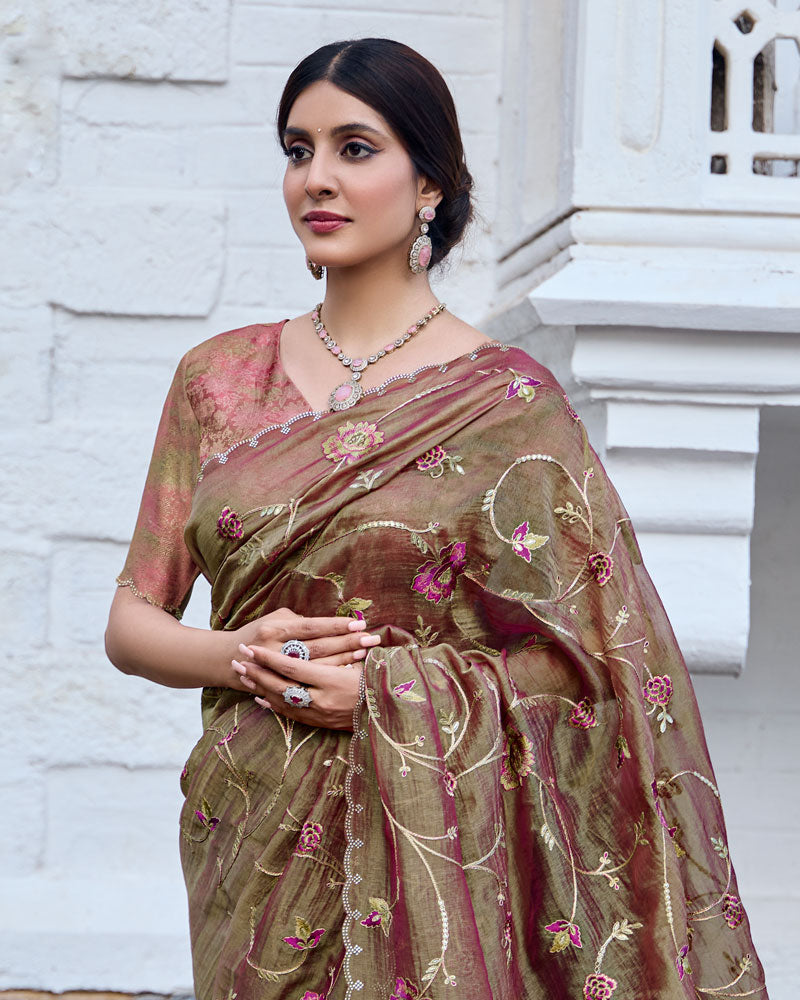 Vishal Prints Greyish Brown And Light Maroon Designer Soft Silk Saree With Embroidery Diamond Work And Cut Work Border