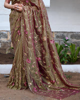 Vishal Prints Greyish Brown And Light Maroon Designer Soft Silk Saree With Embroidery Diamond Work And Cut Work Border