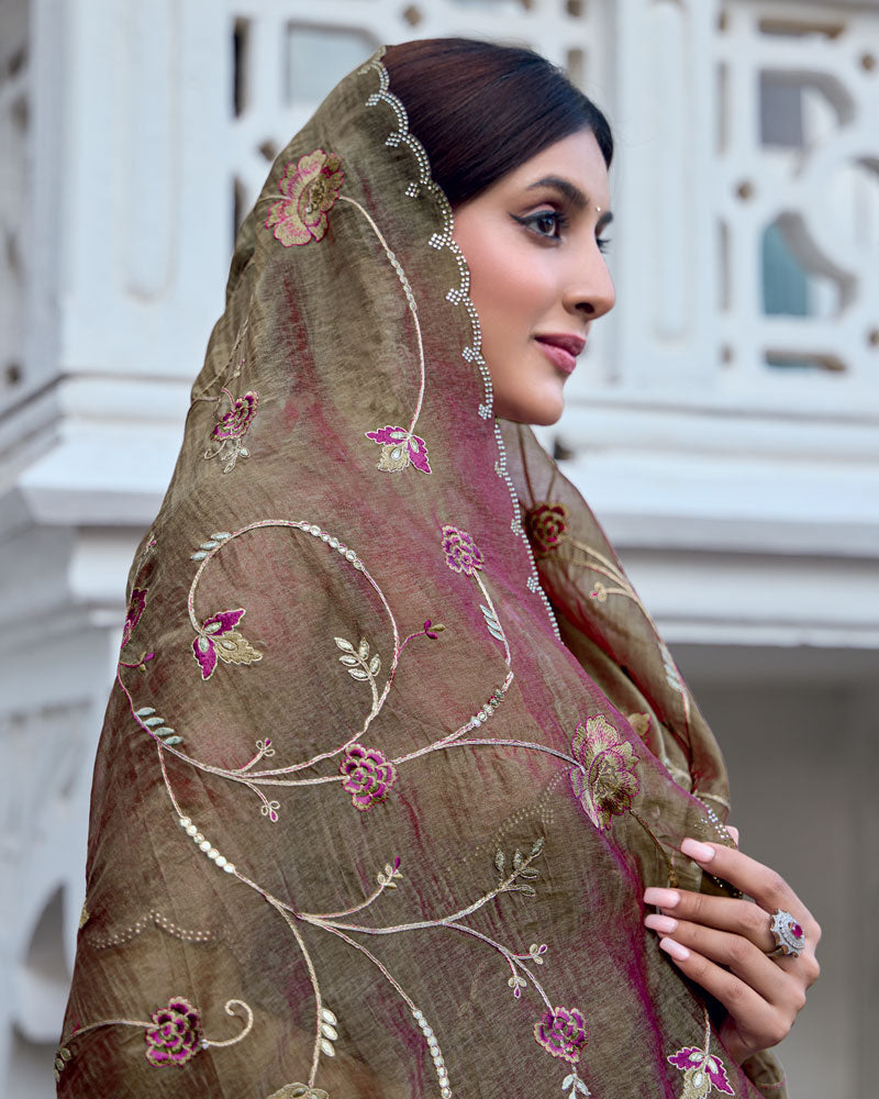 Vishal Prints Greyish Brown And Light Maroon Designer Soft Silk Saree With Embroidery Diamond Work And Cut Work Border