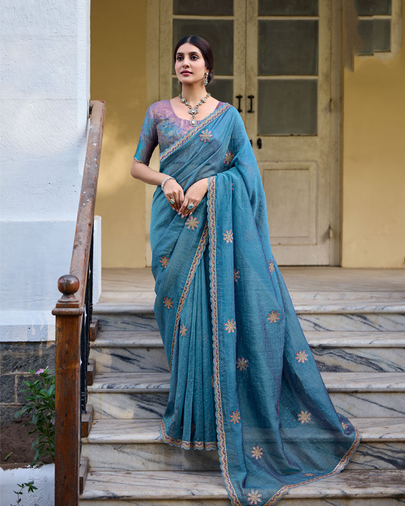 Vishal Prints Venice Blue Designer Soft Silk Saree With Embroidery Diamond Work And Cut Work Border
