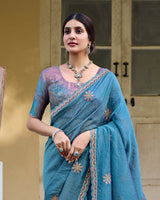 Vishal Prints Venice Blue Designer Soft Silk Saree With Embroidery Diamond Work And Cut Work Border