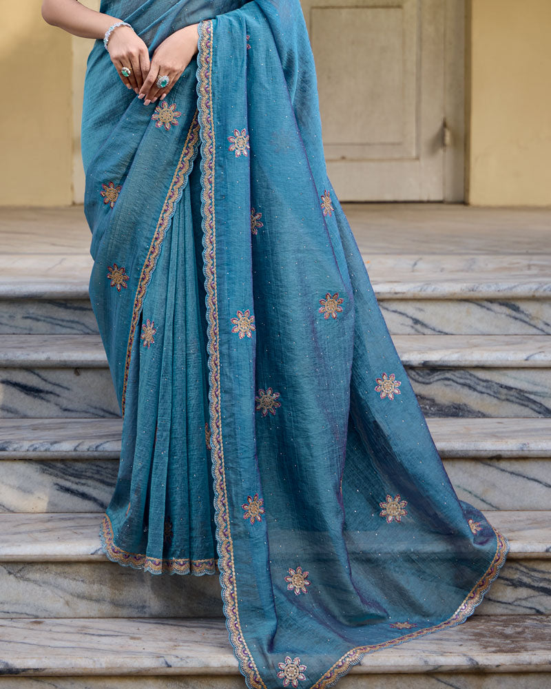 Vishal Prints Venice Blue Designer Soft Silk Saree With Embroidery Diamond Work And Cut Work Border