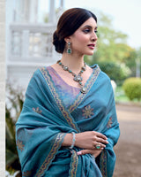Vishal Prints Venice Blue Designer Soft Silk Saree With Embroidery Diamond Work And Cut Work Border