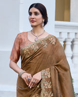 Vishal Prints Metallic Brown Designer Soft Silk Saree With Embroidery Diamond Work And Cut Work Border