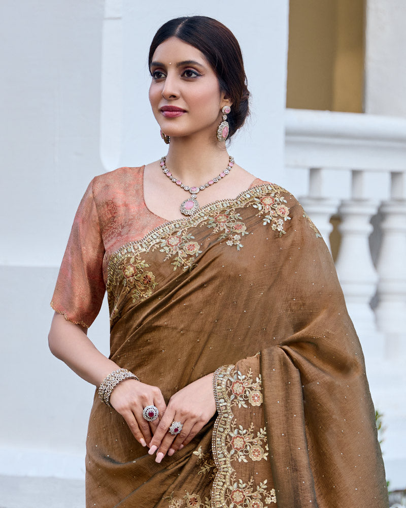 Vishal Prints Metallic Brown Designer Soft Silk Saree With Embroidery Diamond Work And Cut Work Border