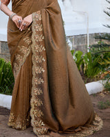 Vishal Prints Metallic Brown Designer Soft Silk Saree With Embroidery Diamond Work And Cut Work Border