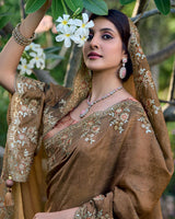 Vishal Prints Metallic Brown Designer Soft Silk Saree With Embroidery Diamond Work And Cut Work Border