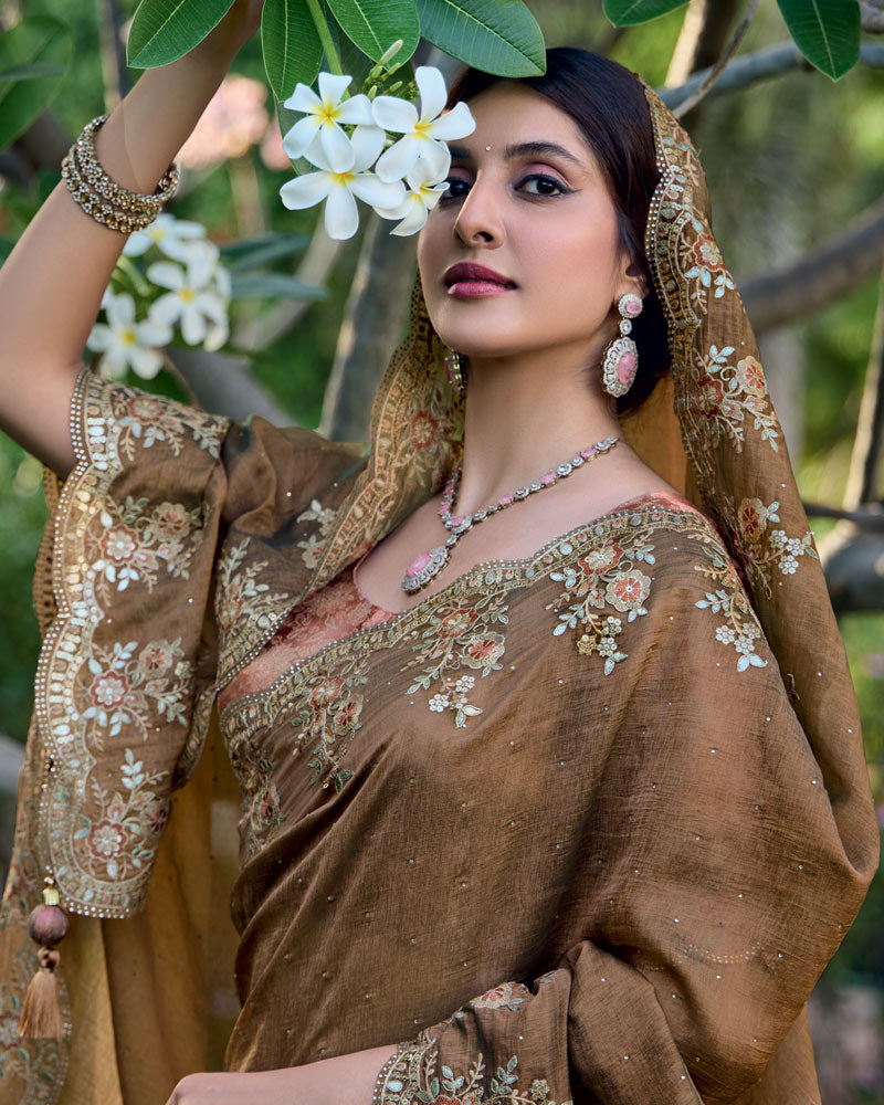 Vishal Prints Metallic Brown Designer Soft Silk Saree With Embroidery Diamond Work And Cut Work Border