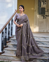 Vishal Prints Dark Purplish Grey Designer Soft Silk Saree With Embroidery Diamond Work And Cut Work Border