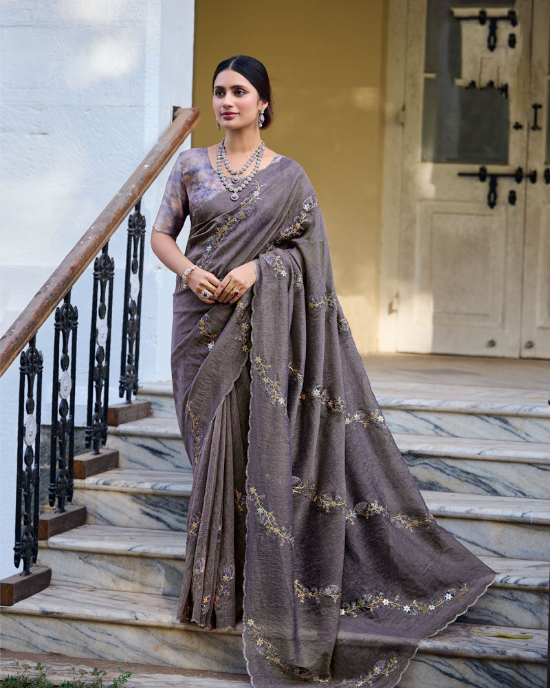 Vishal Prints Dark Purplish Grey Designer Soft Silk Saree With Embroidery Diamond Work And Cut Work Border